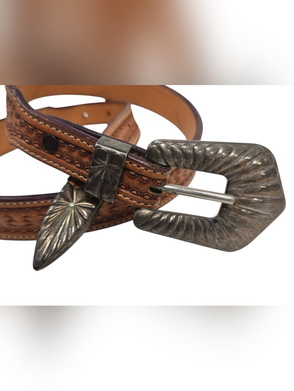 Vintage Wage Brown Leather Belt With Sterling Overlay Buckle